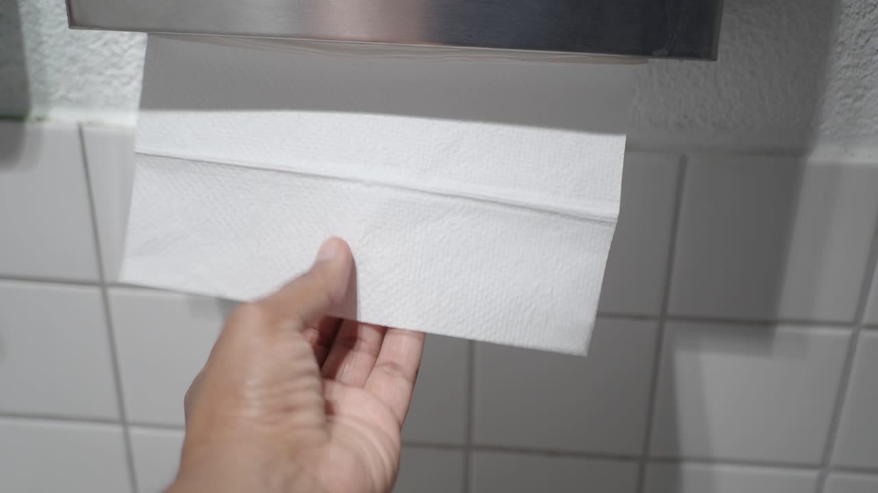 primer plano de una mano tirando de una toalla de papel de un dispensador en un baño