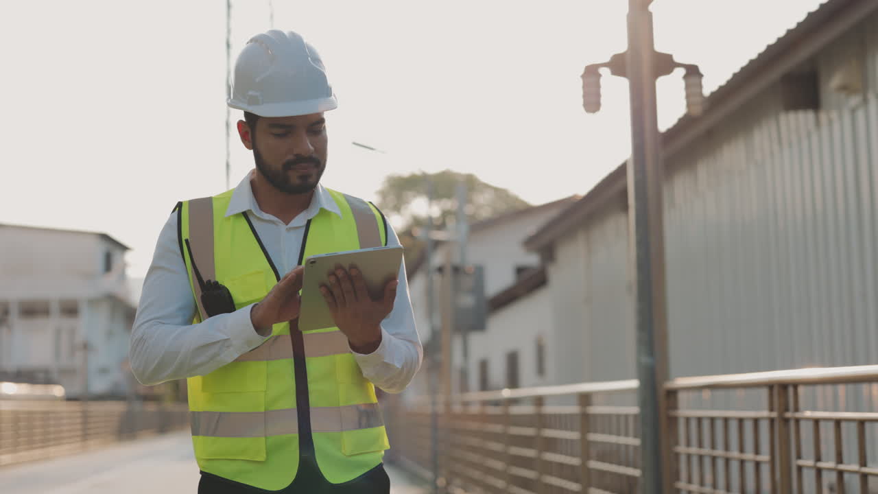 trabajador de la construcción usando una tableta en el sitio