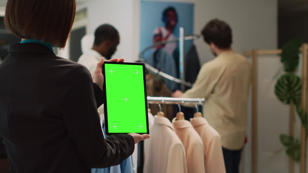 People Shopping in Clothing Store Using Tablet with Green Screen