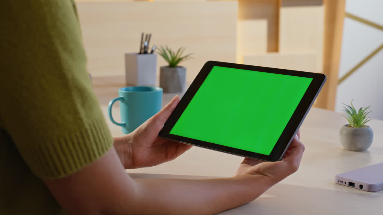 Woman holding tablet with green screen in office