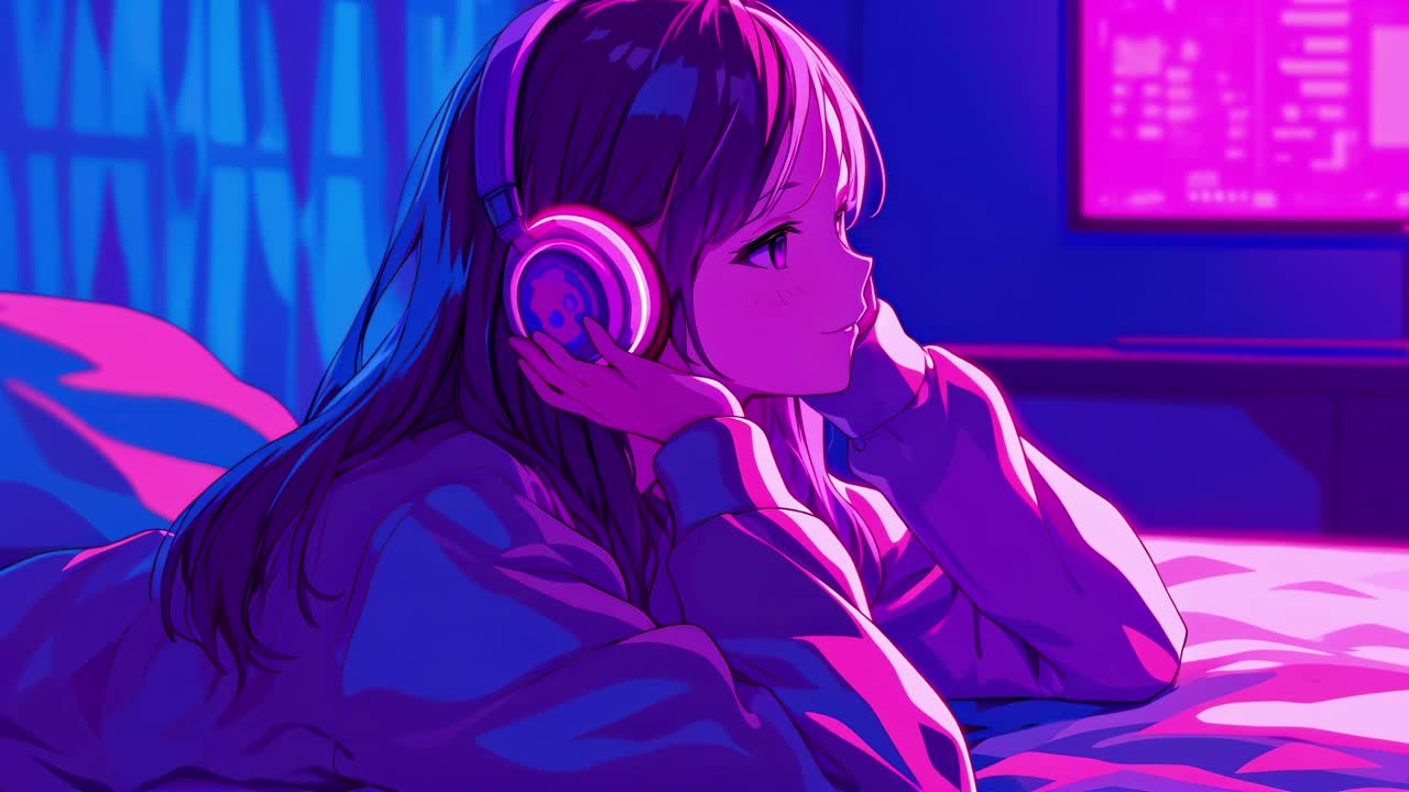 Anime-style video concept with a side angle view of a girl in headphones, bathed in vibrant neon