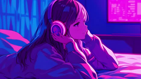 anime-style video concept with a side angle view of a girl in headphones, bathed in vibrant neon