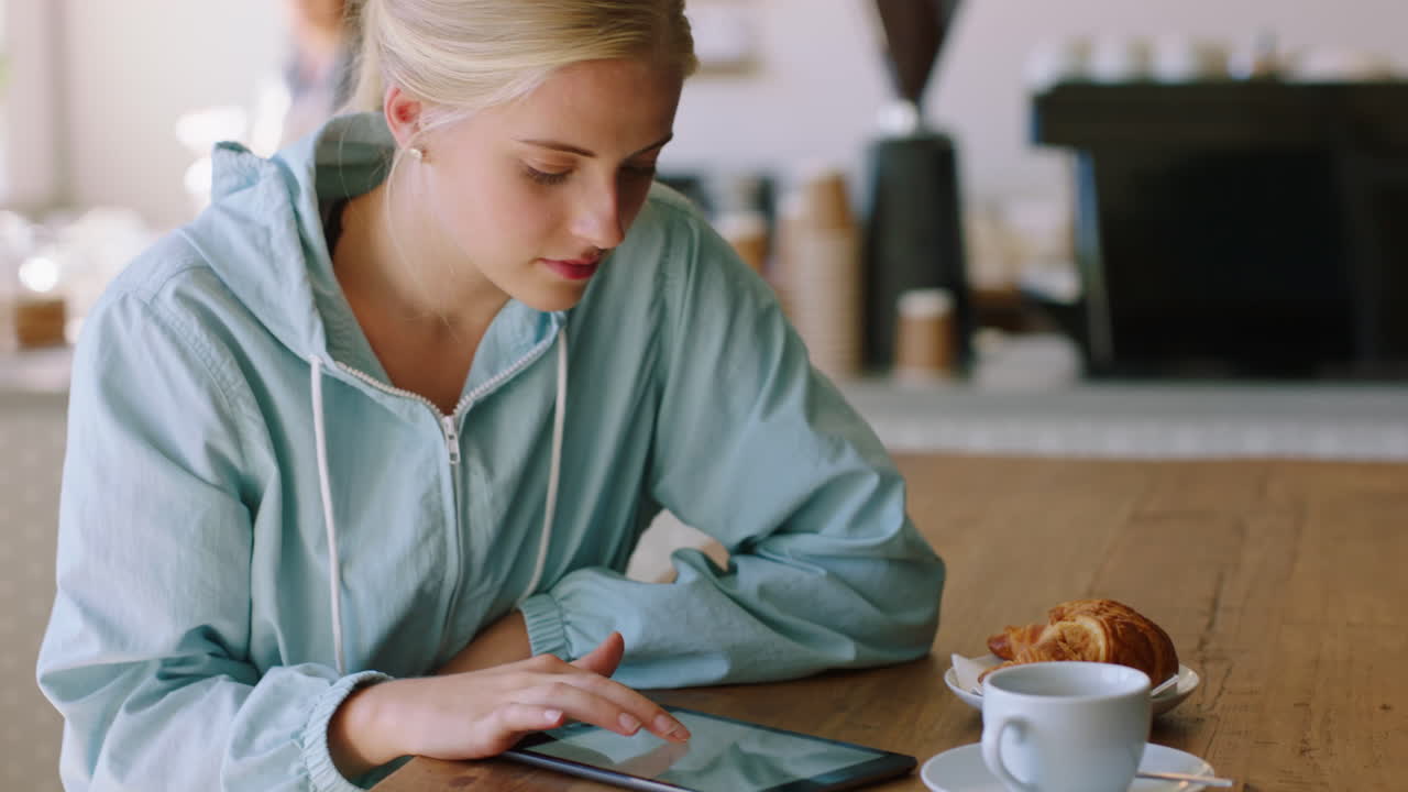 Social media tablet, cafe breakfast