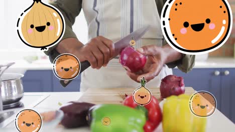 animation of food icons over african american man cutting vegetables