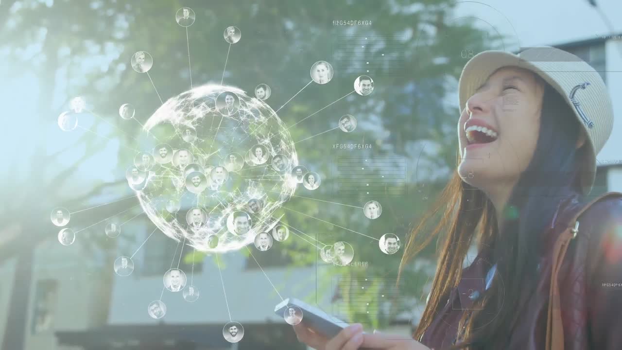 스마트폰을 사용하는 아시아 여성의 전 세계와의 연결 네트워크의 애니메이션