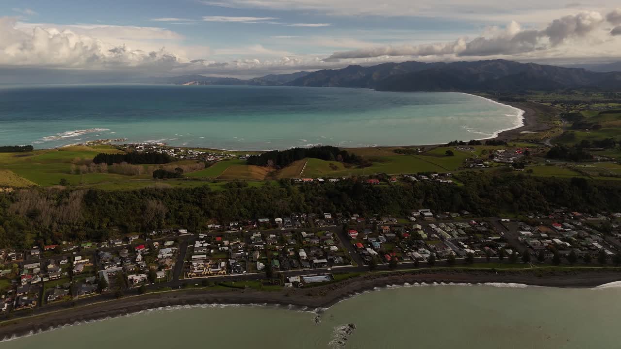 High altitude aerial view of the coastal town of Kaikoura on New Zealand's South Island
