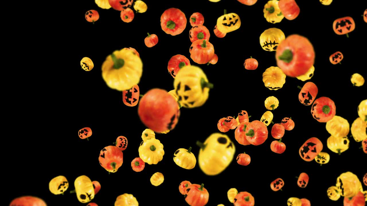 volando muchas calabazas naranjas y amarillas sobre fondo negro. caricaturas caras con sonrisa. animación 3d para el halloween de vacaciones. animación de bucle.