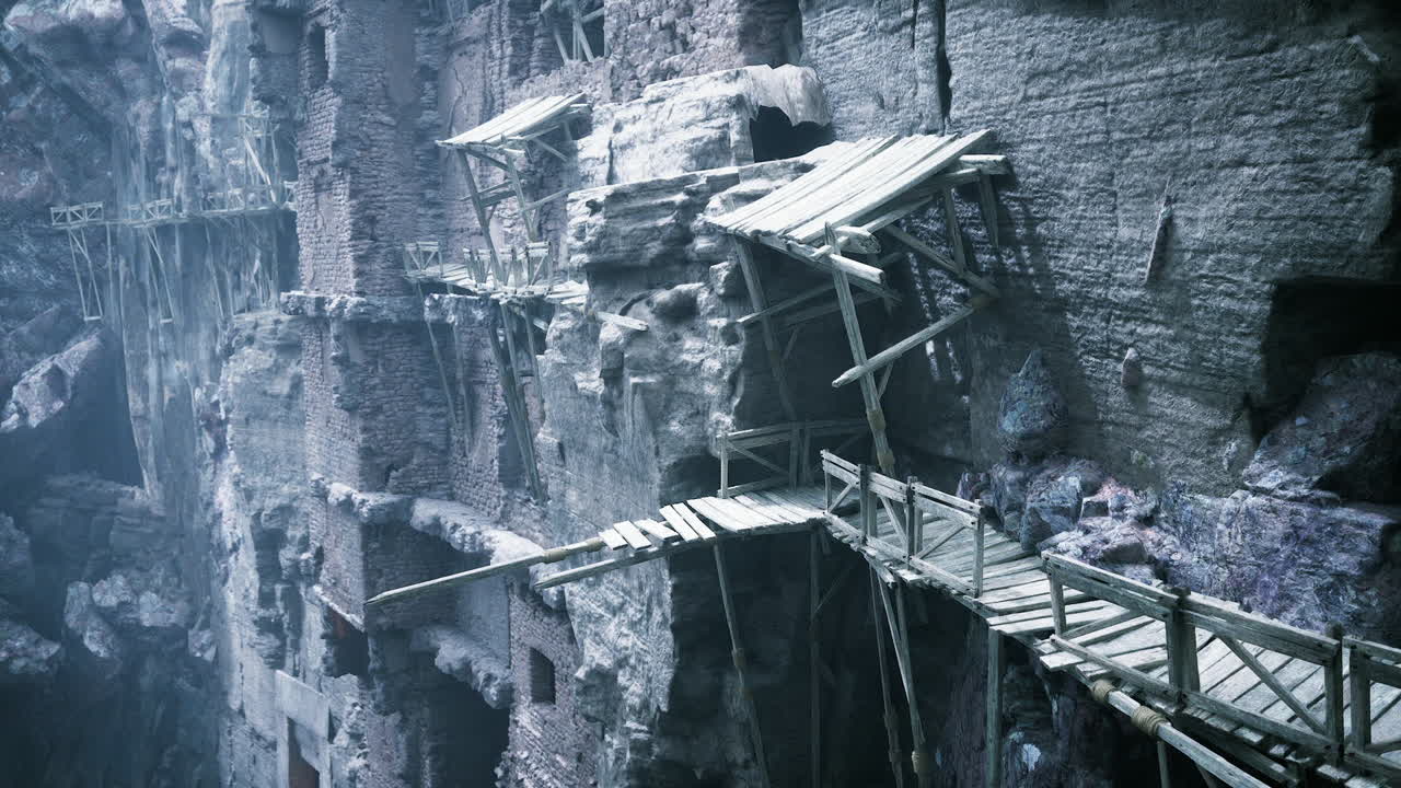 Deteriorating wooden bridges connect ancient rock formations in rocky landscape