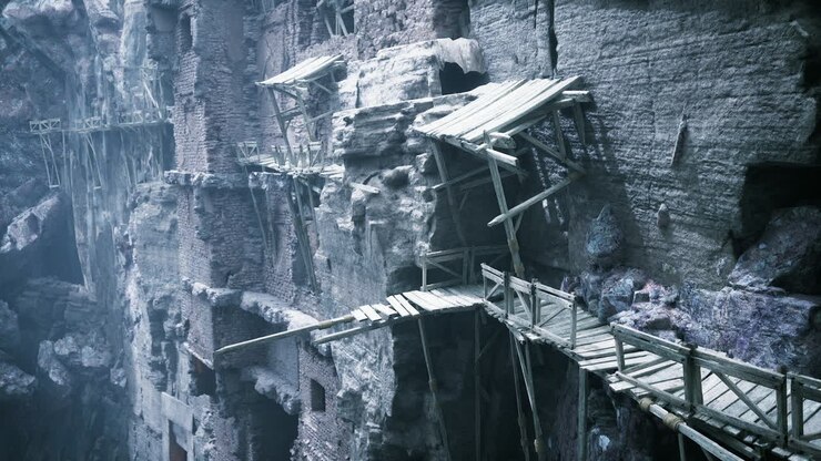 Ponti di legno fatiscenti collegano antiche formazioni rocciose in un paesaggio roccioso.