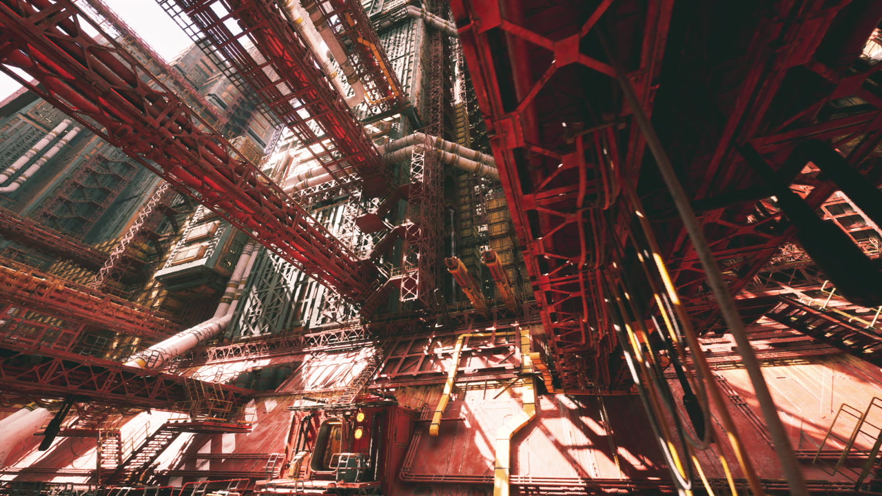 Massive mechanical construction featuring towering gantries and steel layers