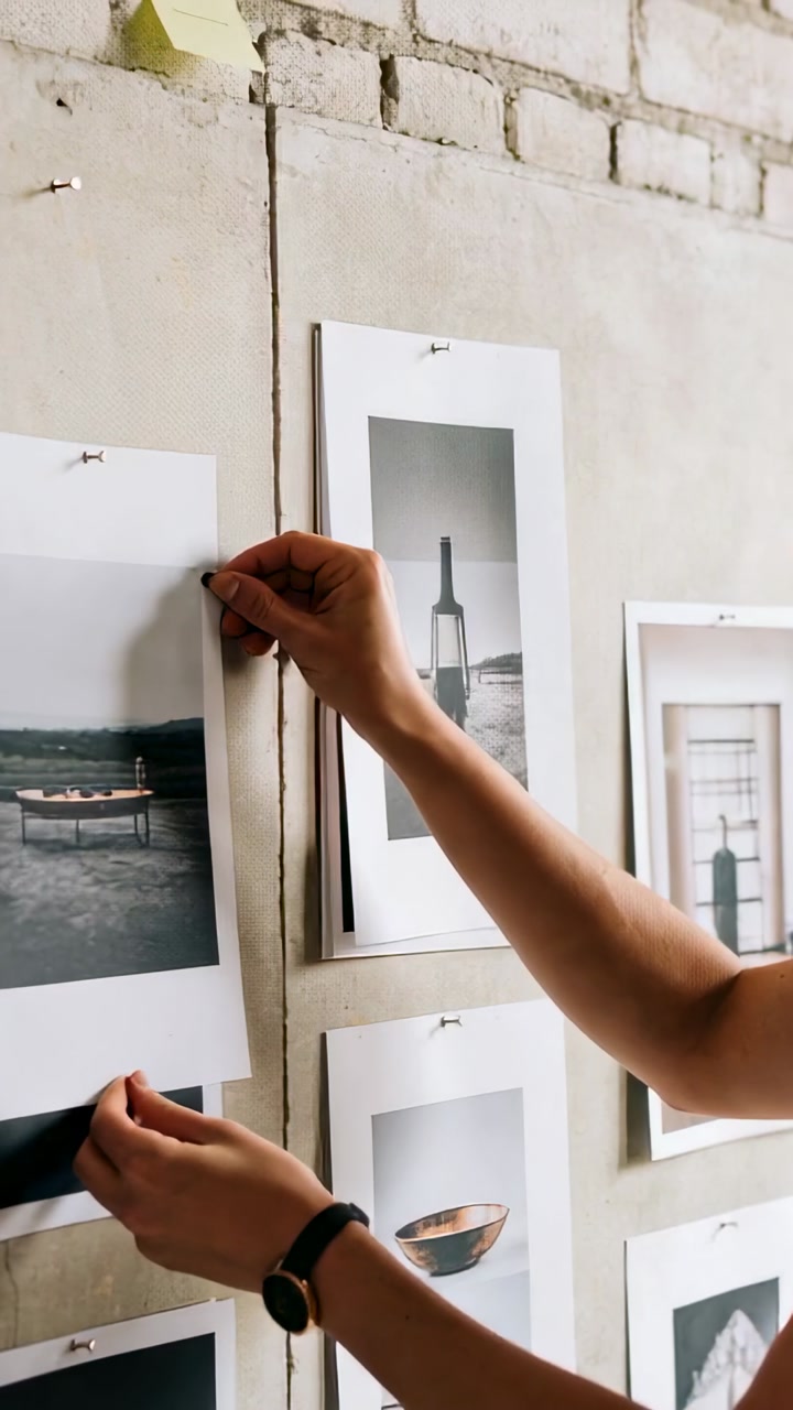 Vertical video: Picking print, hands pinning tack into studio wall securing print with watch