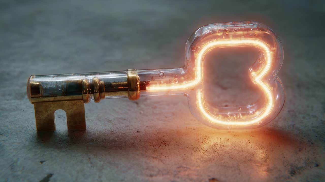 A Close-Up View of a Unique, Illuminated Heart-Shaped Key with a Glass Design, Highlighting the Intricate Details and Soft Glow of the Brightly Lit Edges Against a Neutral Background
