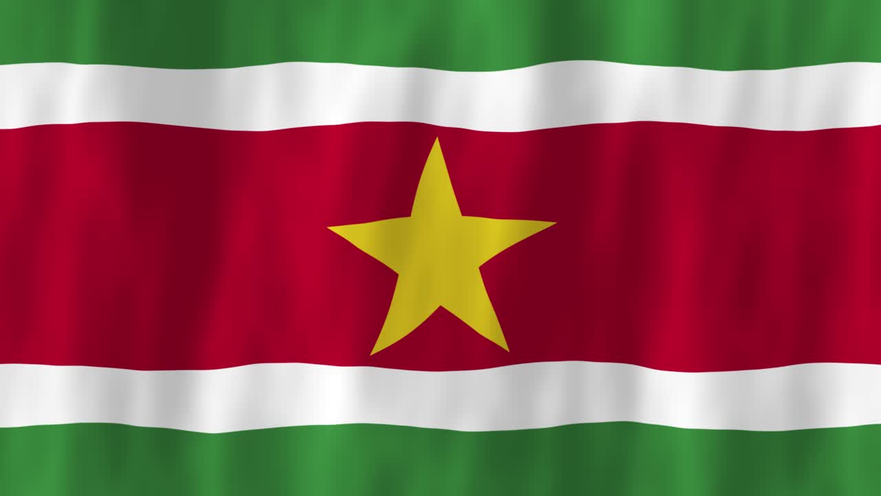 Surinames flag, landeanimation, 3D-symboldesign, vajende i vindbevægelse, national patriotisme, verdenskultur, emblembanner, Sydamerika, grøn hvid rød gul