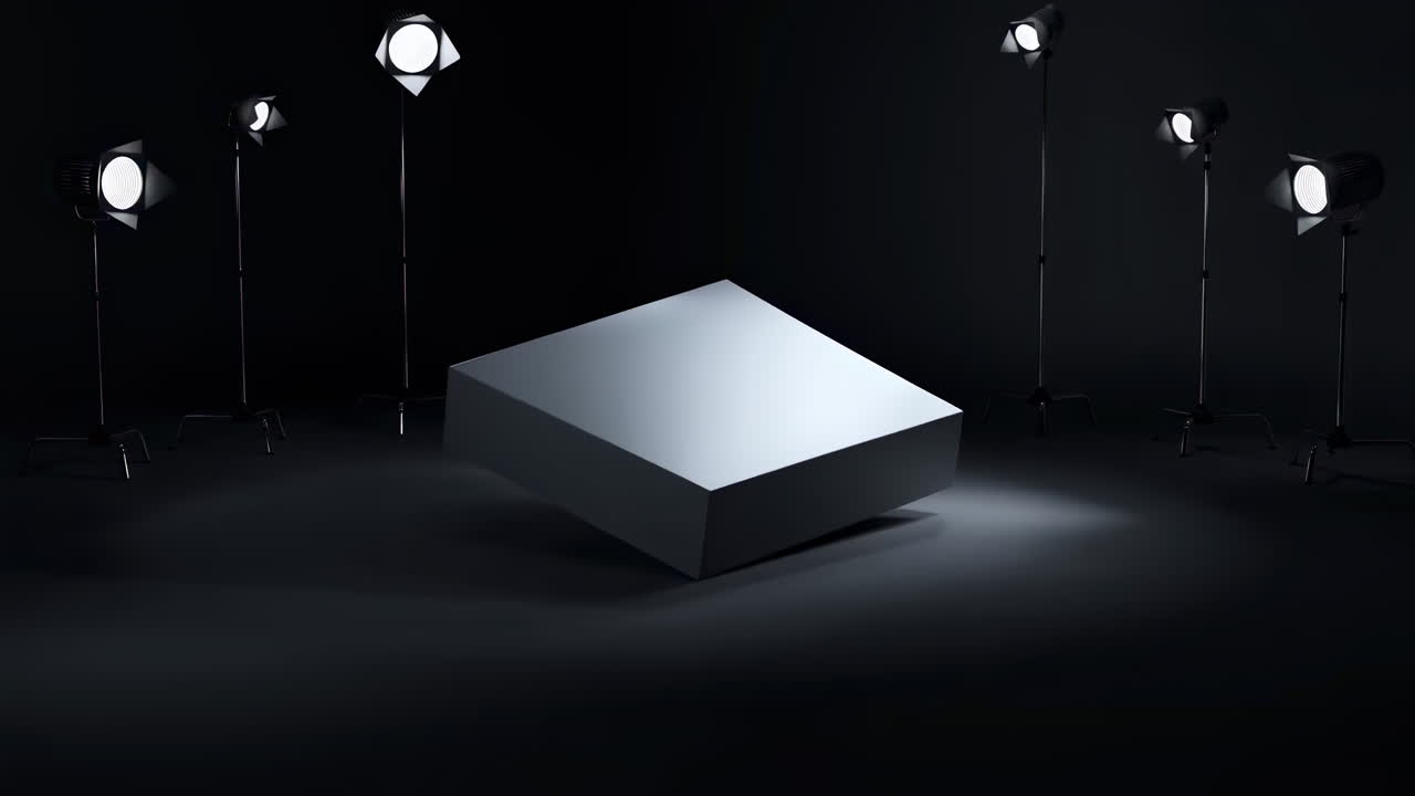Dark Studio with Spotlights Illuminating a Product Display Block