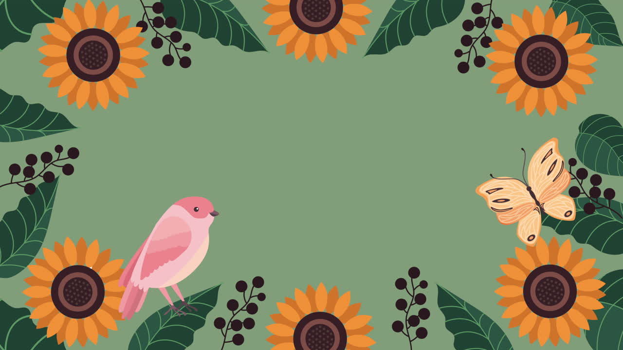 hermoso jardín de flores y pájaro con animación de mariposa