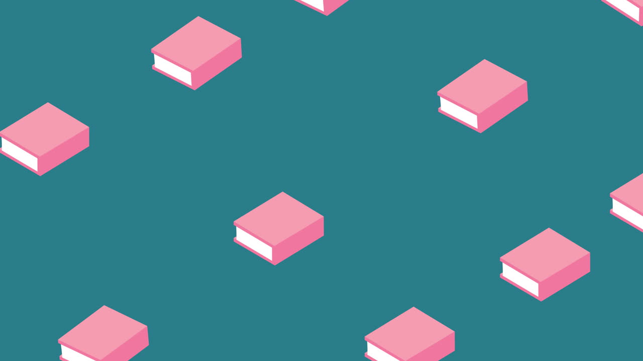Animation of repeated pink books moving over mid blue background