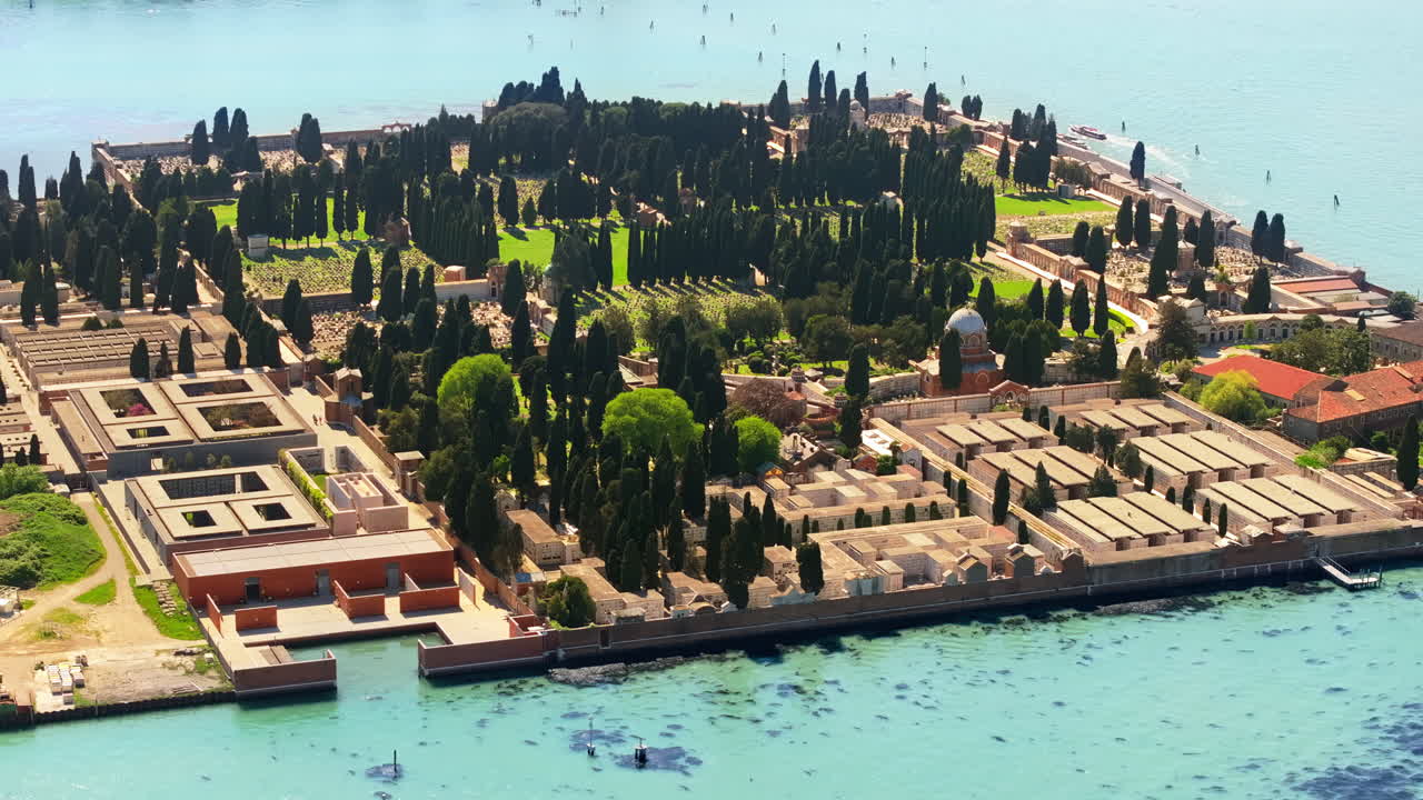 Aerial drone view of San Michele Cemetery on the The Island of San Michele, Italy