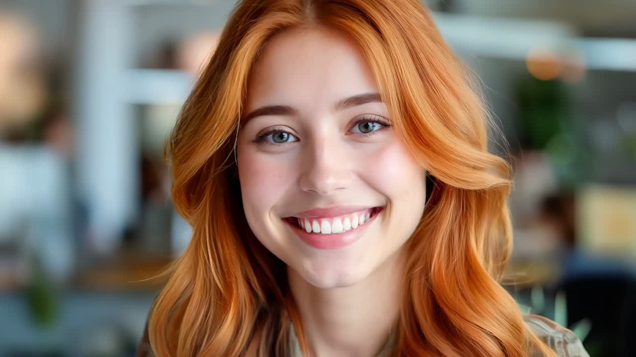 긴 빨간 머리카락 을 가진 여자 가 카메라 에 미소 짓고 있다