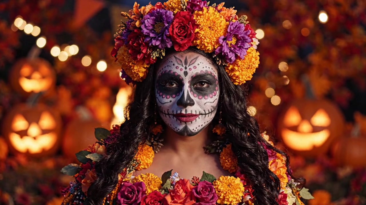 Donna con trucco da teschio di zucchero che celebra il Dia de los Muertos