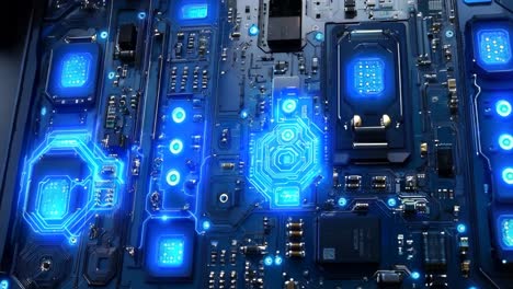 un primer plano de una placa base de computadora con luces azules