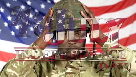 animation of independence day text over soldier wearing helmet and american flag