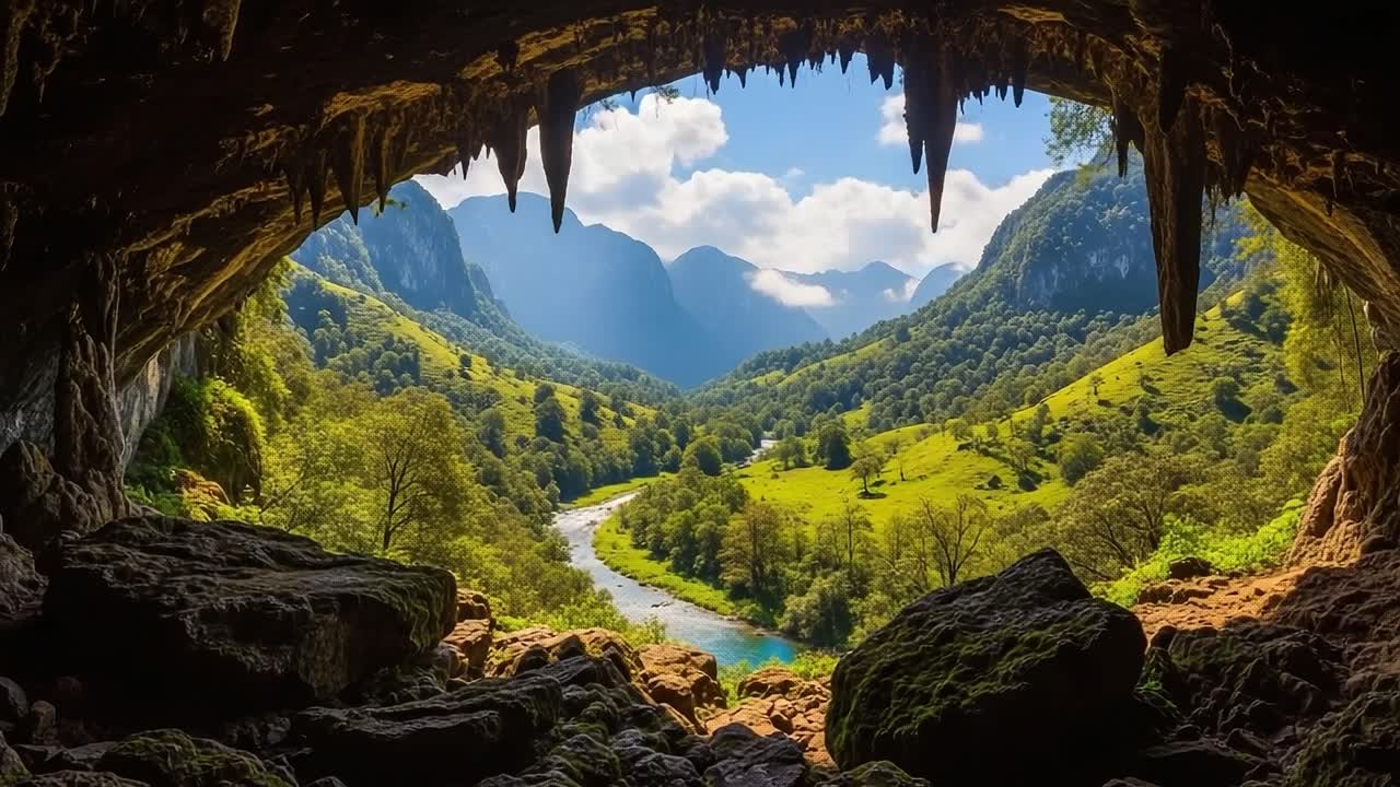 Una vista mozzafiato dall'interno di una grotta misteriosa che si affaccia su valli verdi lussureggianti e maestose cime montuose sotto un cielo azzurro brillante con nuvole soffici.