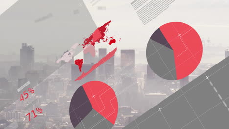 animation of financial data processing over cityscape