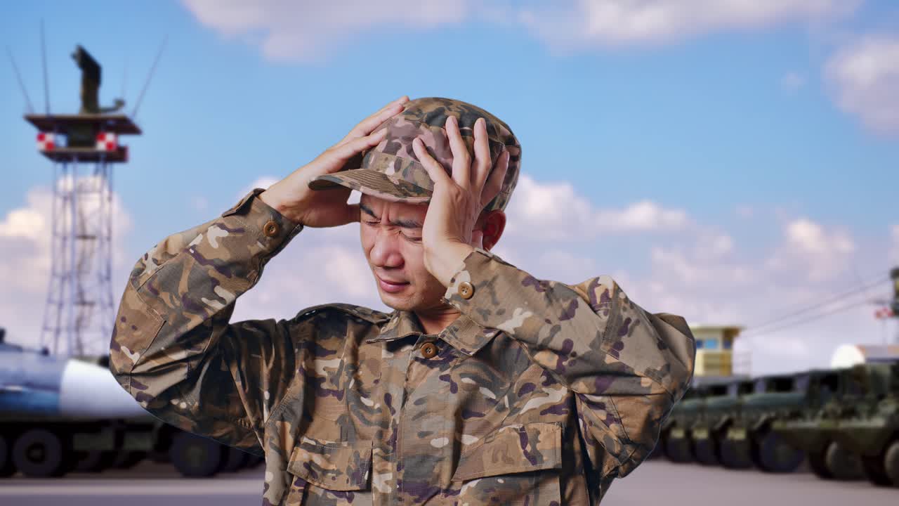 군사 캠프 에 서 있을 때 두통 을 고 있는 아시아인 군인 의 근접 사진