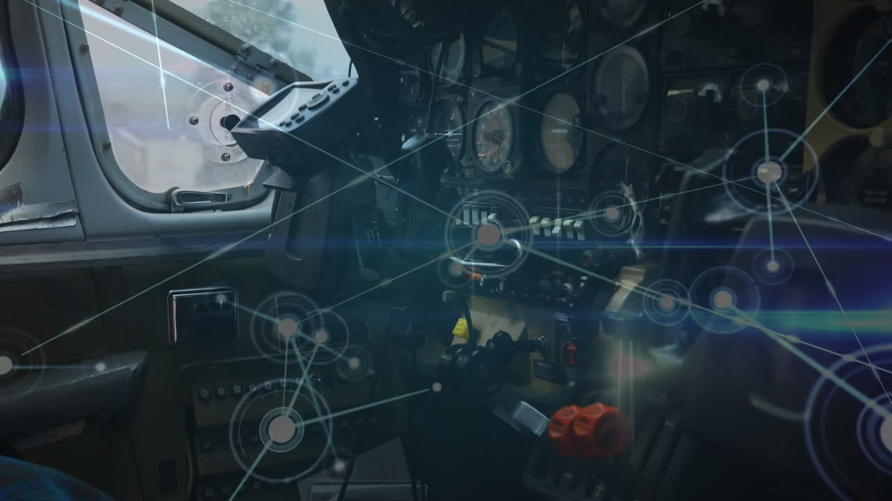 animación de la red de conexiones sobre la cabina del avión en vuelo