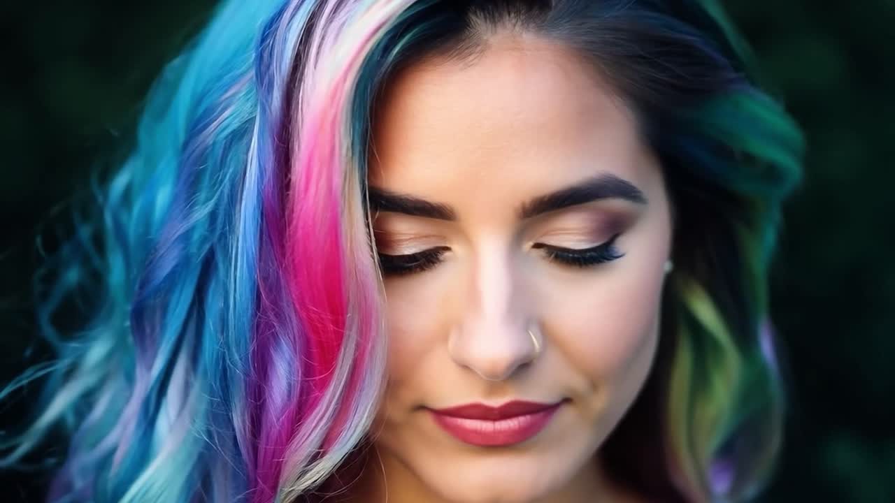 mujer de cabello azul, rosa y verde