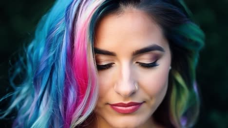mujer de cabello azul, rosa y verde