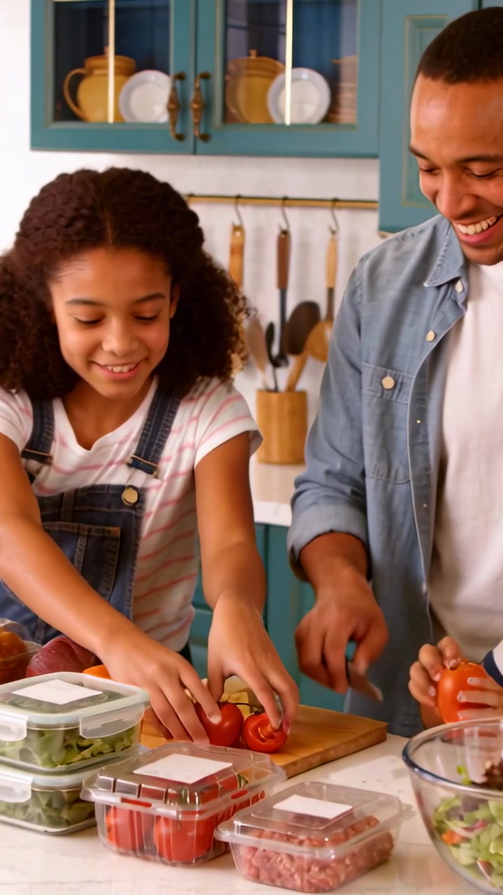 Video verticale: Inizio preparazione pasti, papà in jeans guida la bambina che affetta un pomodoro a casa usando coltello e tagliere