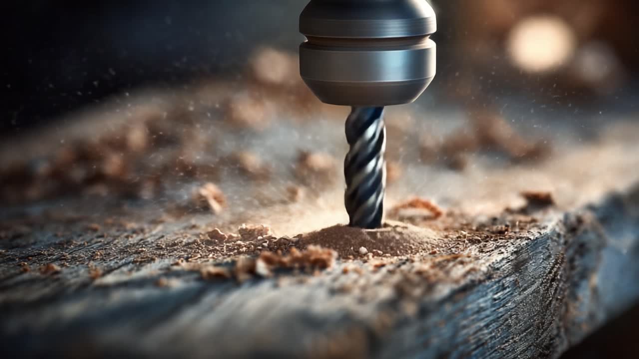 Nahaufnahme eines Hochgeschwindigkeitsbohrers, der Holz durchdringt, Späne und Staub erzeugt und präzise Handwerkskunst bei Holzbearbeitungsprojekten und -techniken demonstriert.