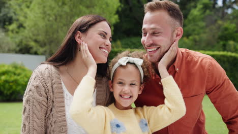 parents, girl child and happy in garden