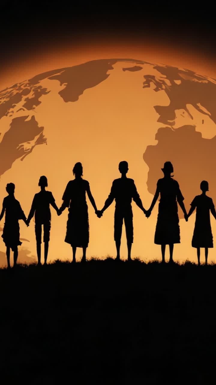 A Powerful Silhouette of Unity: Six Individuals Holding Hands Against a Stunning Global Sunset, Symbolizing Connection and Togetherness, Evoking a Sense of Hope and Solidarity