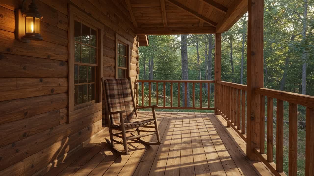 A peaceful wooden cabin porch with a rocking chair overlooking a lush forest
