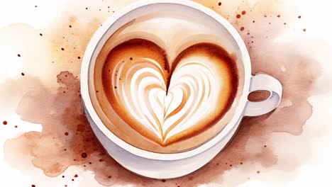 animation of watercolor style coffee cup with heart shaped foam