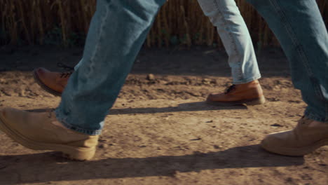 las piernas del agricultor de primer plano caminando por el camino de tierra seca. los trabajadores agrícolas inspeccionan el campo