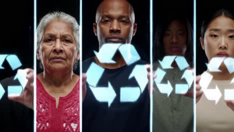 a diverse group of individuals demonstrating environmental awareness through recycling symbols, emphasizing collective responsibility for sustainable practices
