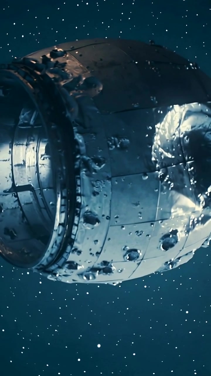 Vertical video: Pulling back camera inspecting pitted module in orbit, dock ring, drifting probe