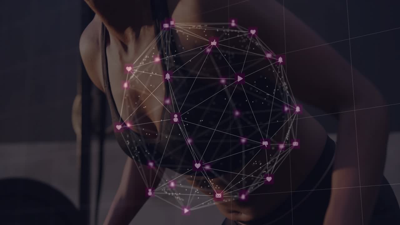 Fitness woman grasping barbell, pulling for strength while pink holo sphere syncing as camera rises