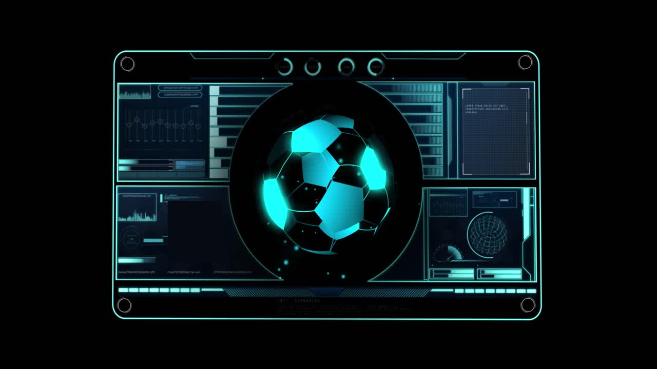 Animation of digital football over data processing on black background