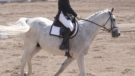 El-Hombre-Compite-En-Competición-Ecuestre-De-Doma-Con-Un-Elegante-Caballo-Blanco.