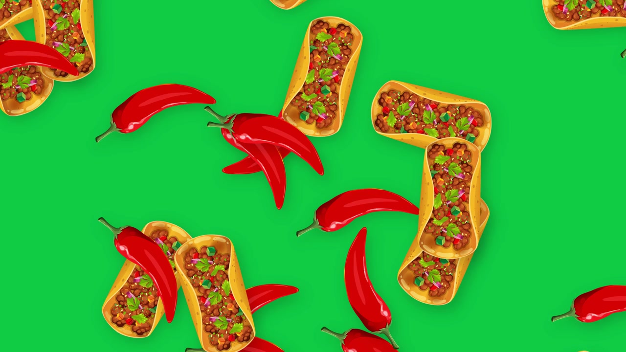 Peperoncini rossi animati e tacos di manzo cadono continuamente su uno sfondo a schermo verde uniforme