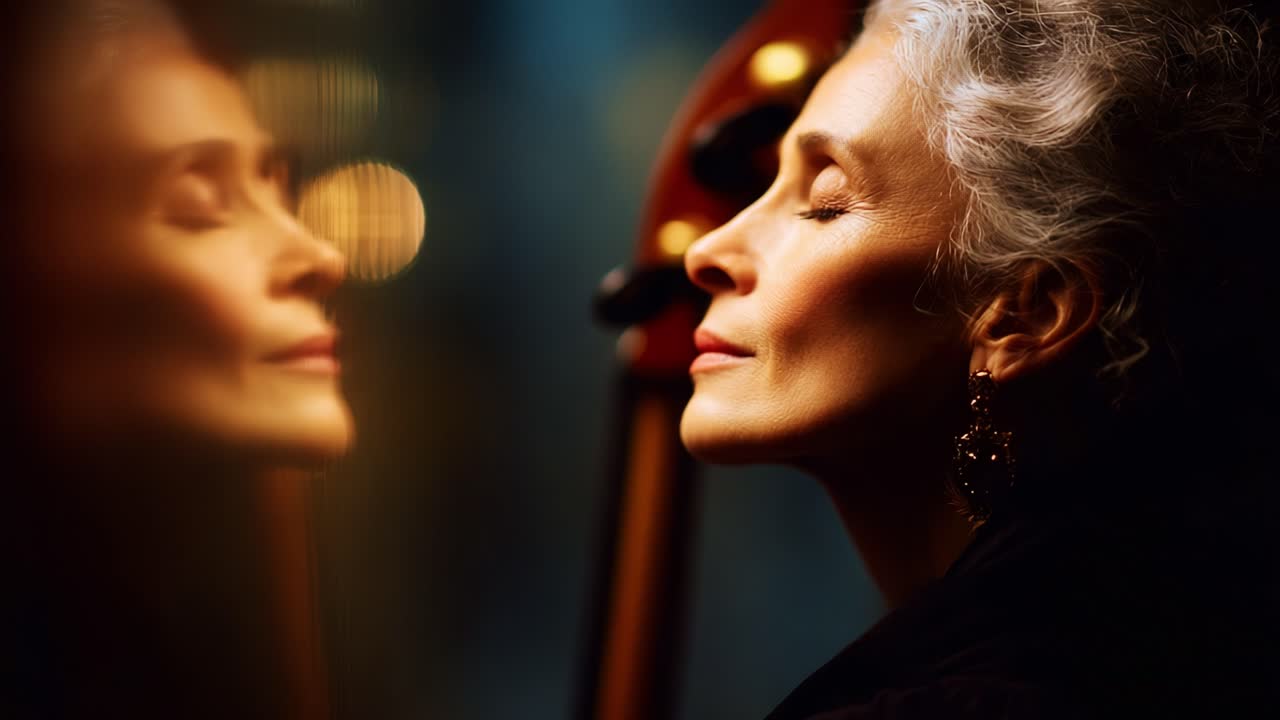 A Serene Journey Through Music: An Elegant Woman Embracing the Harmony of Sound and Reflection as She Gently Closes Her Eyes Next to a Beautifully Crafted Musical Instrument