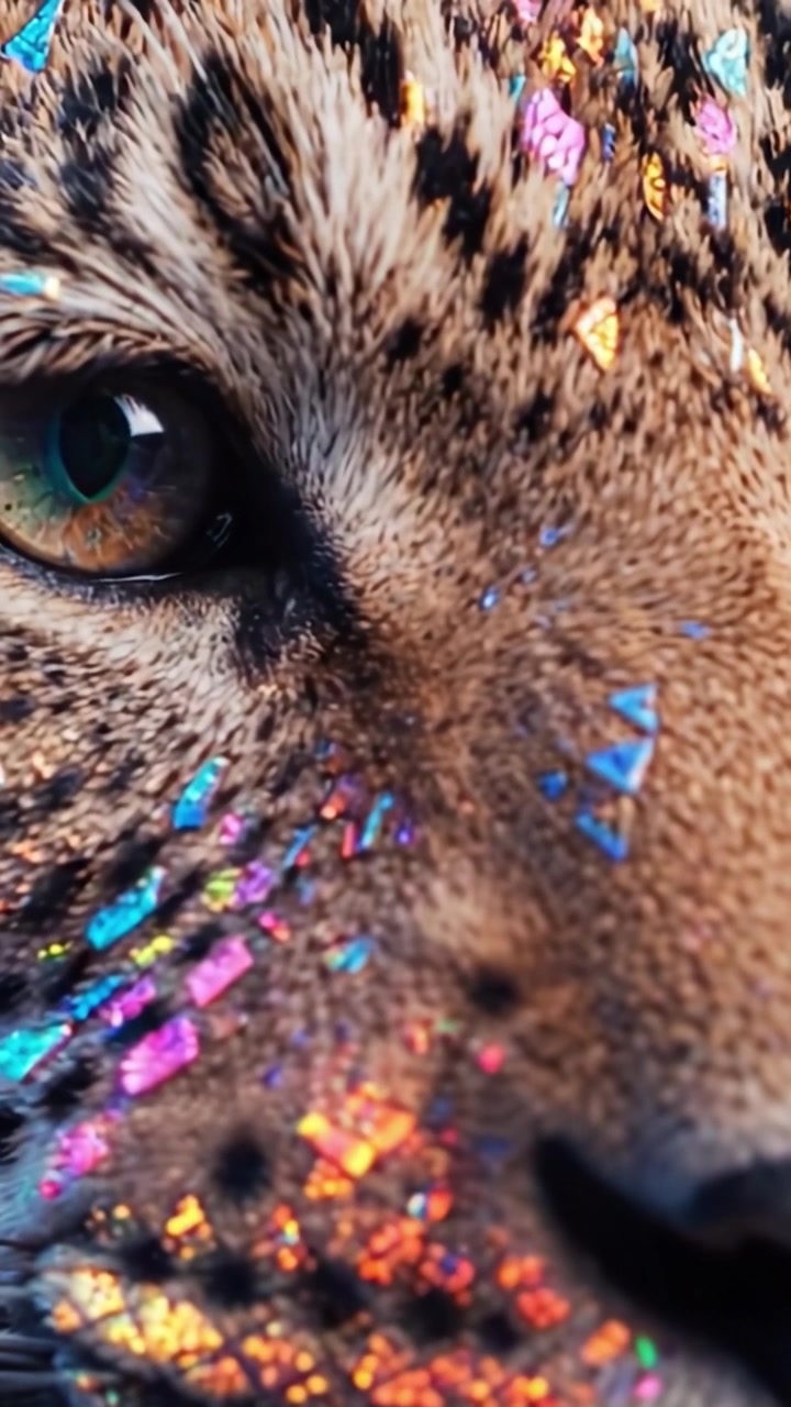 Un majestuoso leopardo adornado con destellos coloridos captura la atención con su mirada encantadora, mostrando la belleza de la naturaleza y la expresión artística