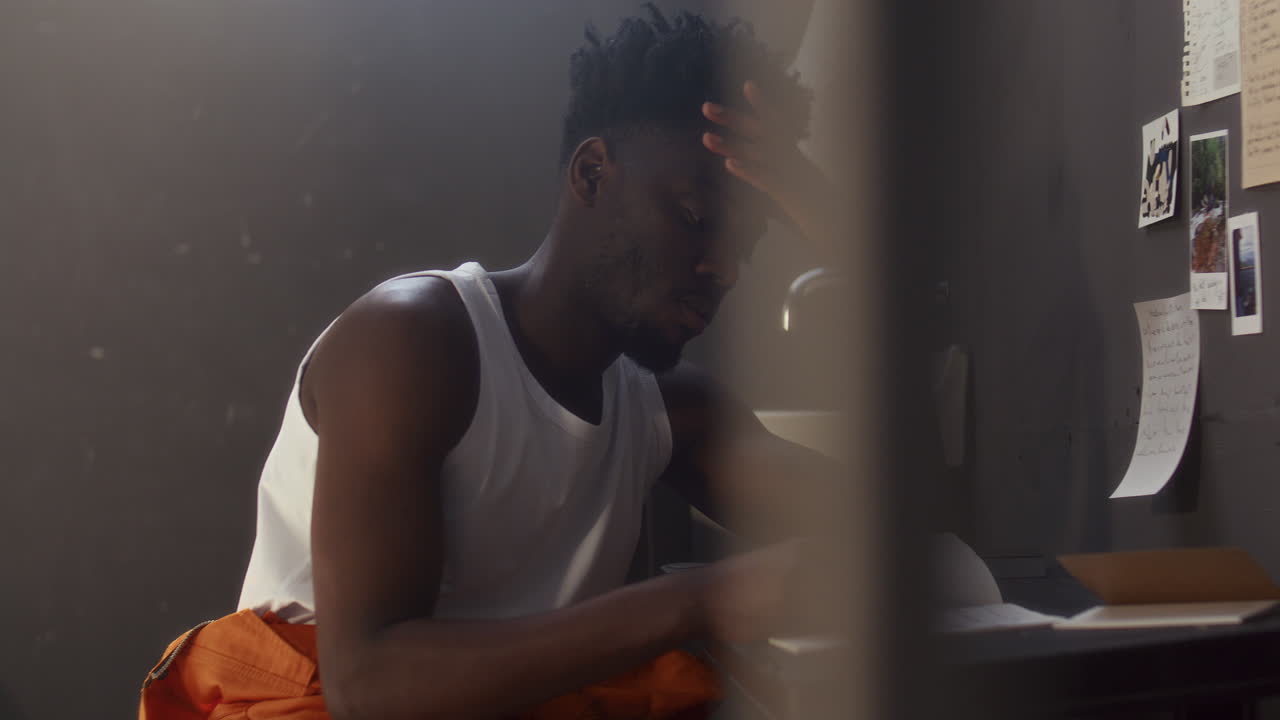 African American Prisoner Taking Notes on Paper at Desk behind Cell Bars