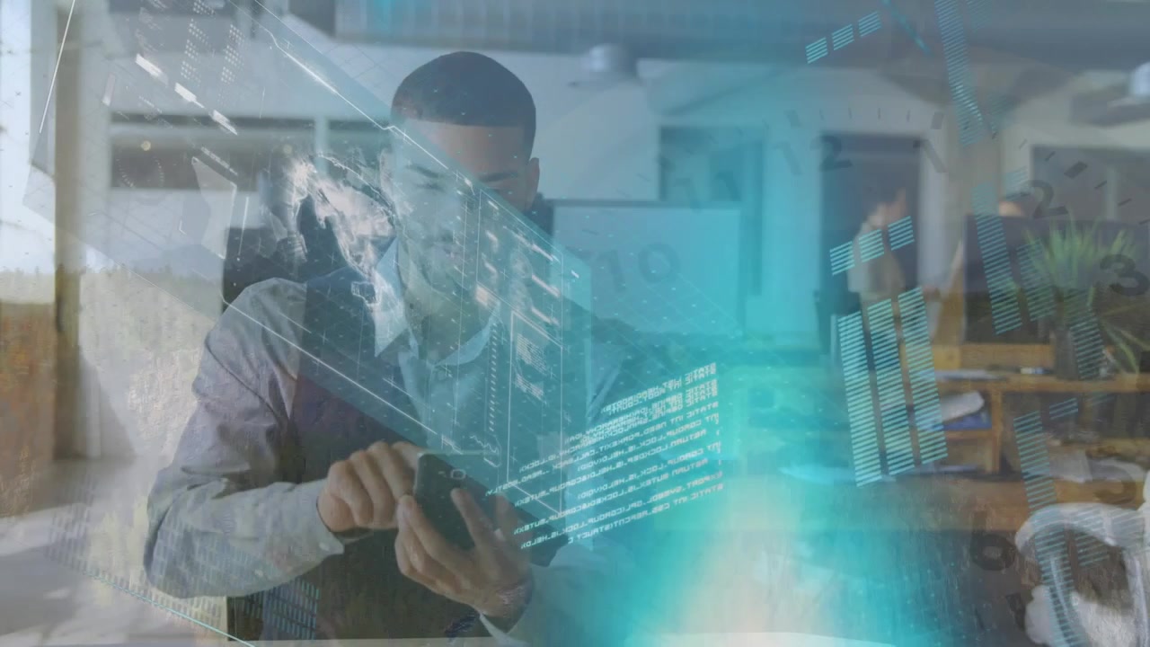 Animation of data processing and ticking clock over african american businessman using smartphone