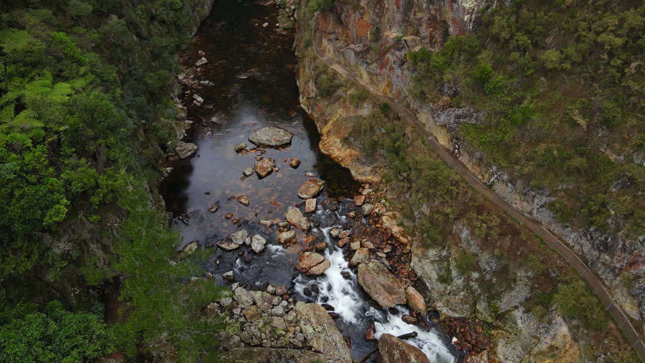 drone pan a lo largo del río en gorge nueva zelanda con matorrales
