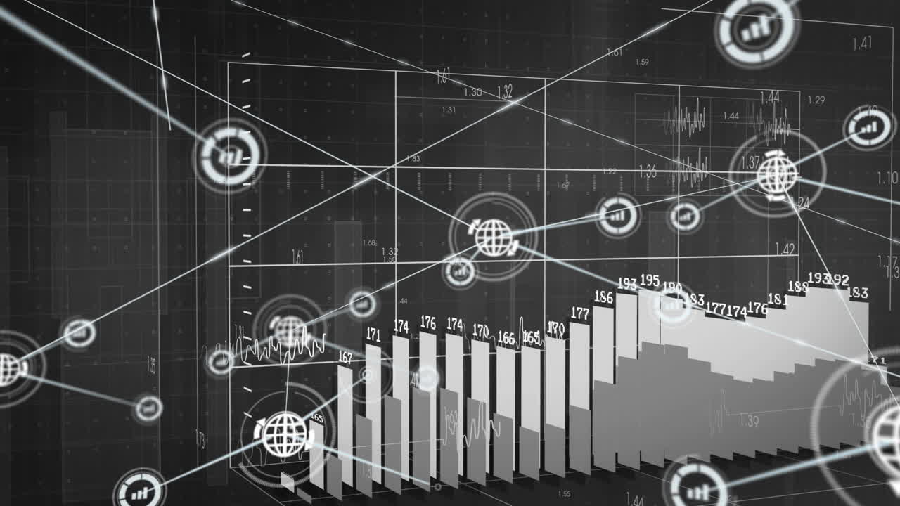 animación de la red de conexiones con iconos sobre el procesamiento de datos sobre fondo negro
